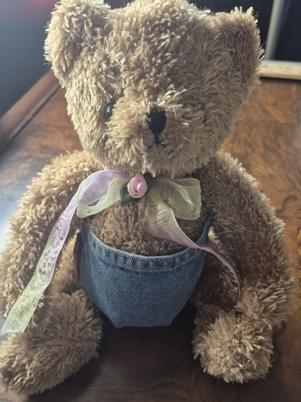 Brown Plush Teddy Bear with Denim Outfit and Pastel Ribbon Handmade